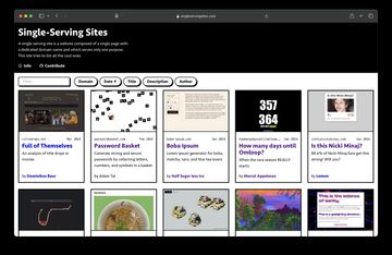 A webpage listing single-serving sites showcasing unique and quirky one-page websites.