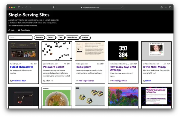 A webpage listing single-serving sites showcasing unique and quirky one-page websites.