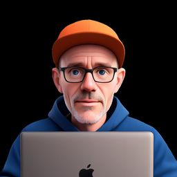 A digital illustration of a man wearing an orange cap, glasses, and a blue hoodie, working on a laptop.