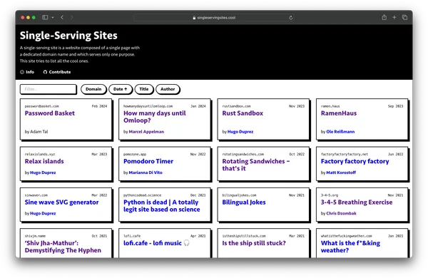 Safari desktop browser displaying the Single-Serving Sites page with a lot of cards.