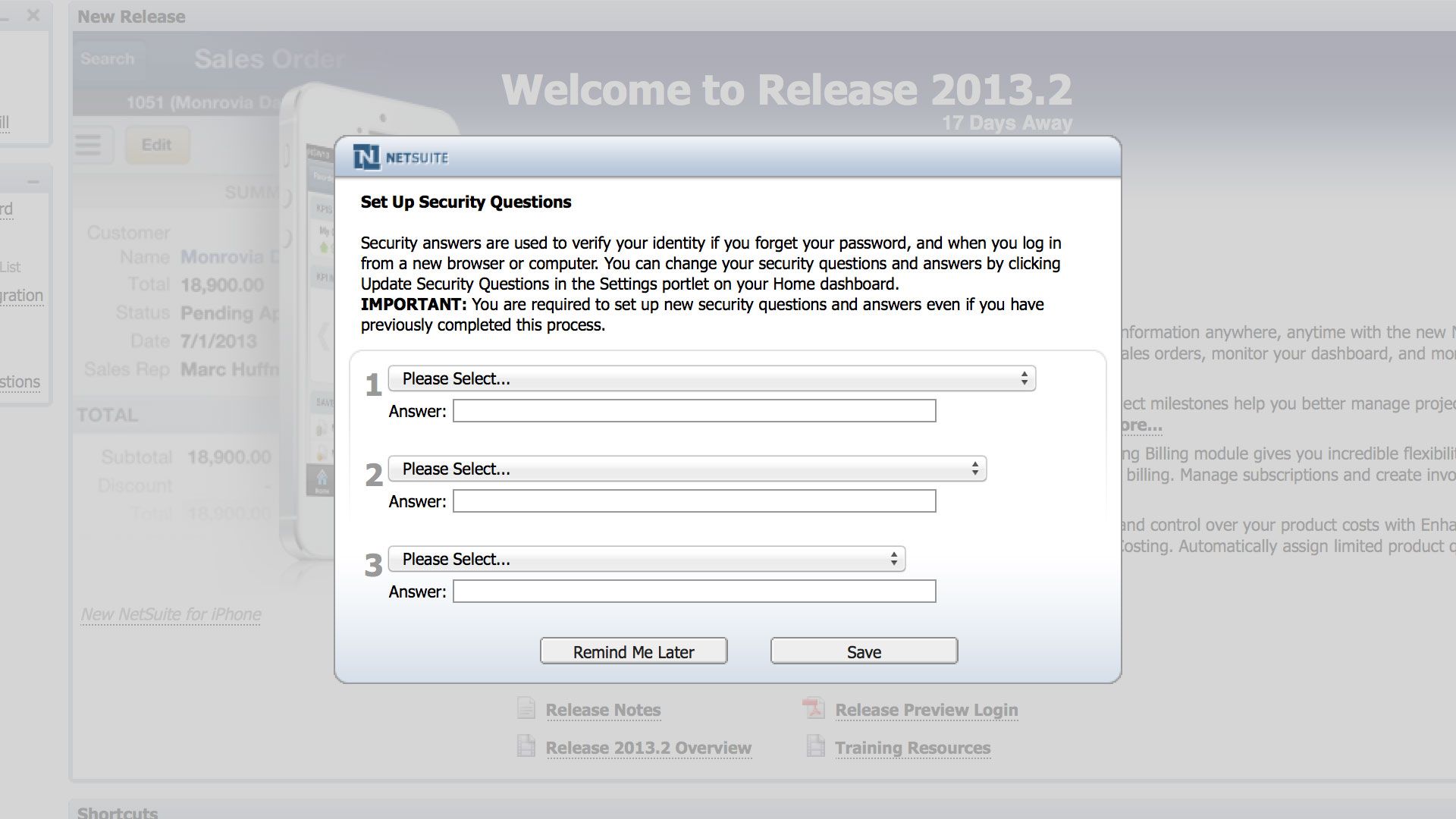 screenshot of Netsuite security questions.